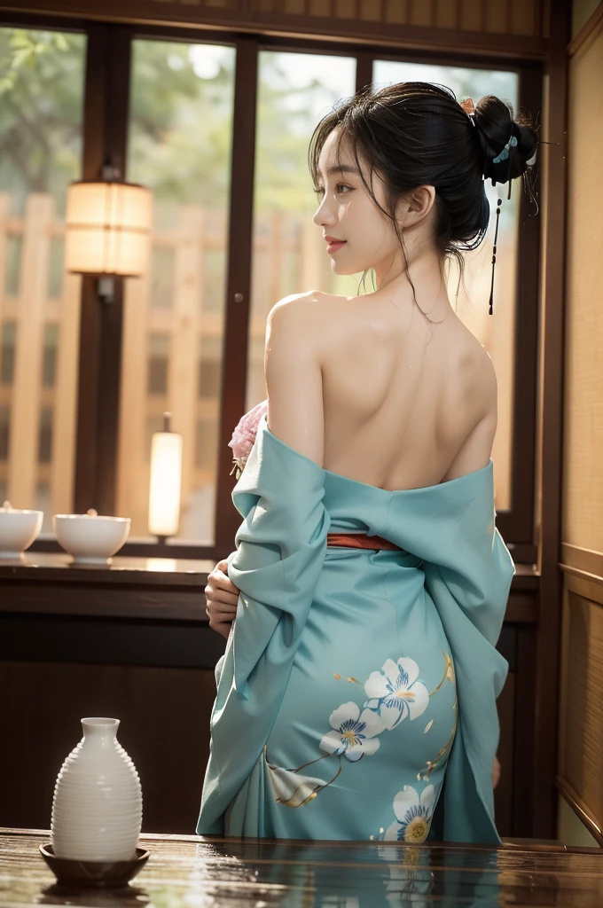 (((best quality))),(((ultra detailed))),(((masterpiece))),illustration,((1 beautiful Japannese girl,solo)),((slim,thin)),((shoulder off,strapless,bare back,towering hips,butt crack)),(in izakaya:1.3),(summer:1.2),(rainy:1.3),(indoor:1.2),(night scene:1.3),(wet:1.3),(cyan floral kimono:1.3),neat bun,porcelain skin,rouge,dimly lit,warm glow,ethereal,(standing beside the table:1.3),sake bottle,half-empty glass,tray,grilled fish,steamed vegetables,half-eaten,melancholic smile,storm,solitude,enigmatic aura,tranquility,chaos,simplicity,mysterious,captivating,((from back,upper body))