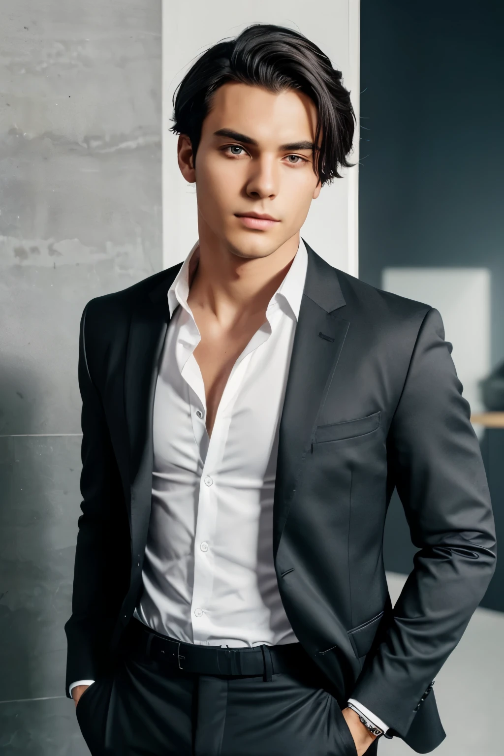 A young man with dark hair and a confident normal he is dressed in a black blazer over a white shirt the man is positioned against aqua colour blackdrop with a subtle red lighting on the left side and he posing for linkedin profile