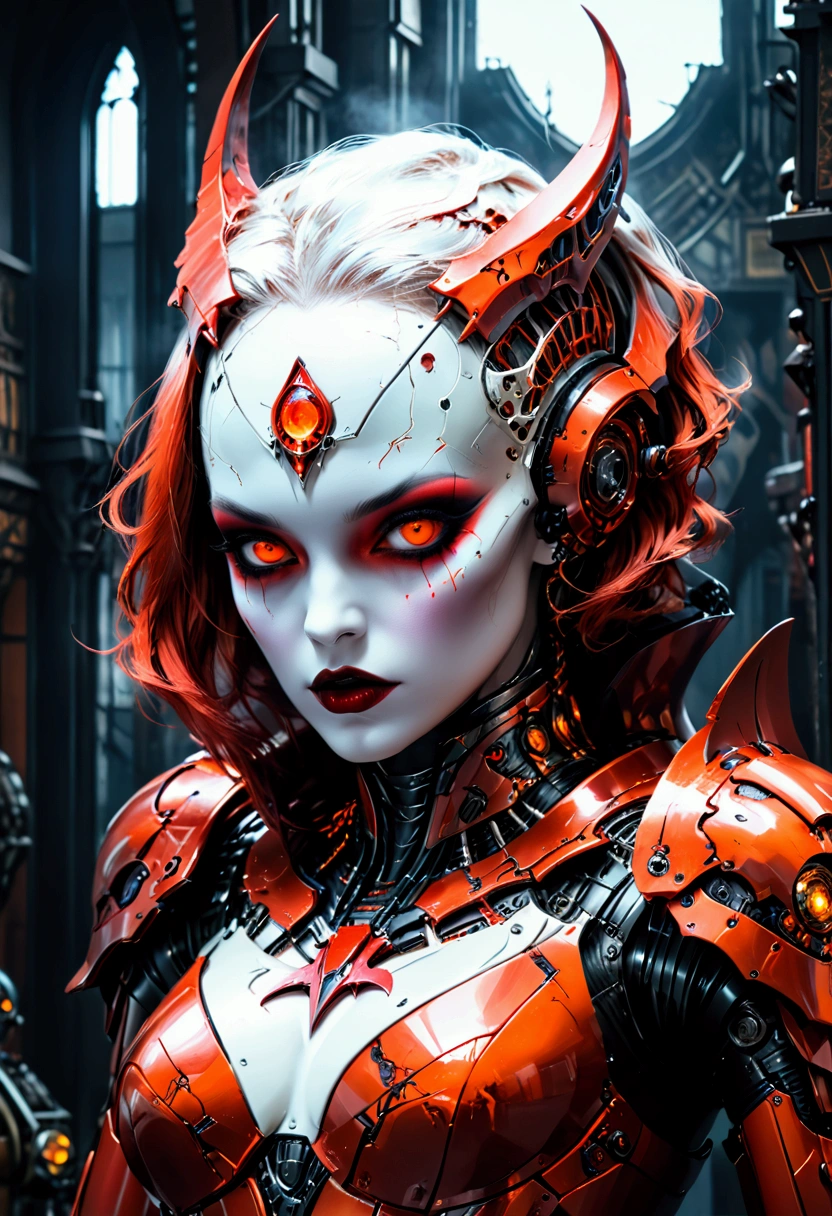 A cyborg Shark Girl doctor, Shark-themed design, devilcore art style, best quality, 4k, 8k, highres, masterpiece, ultra-detailed, realistic, photorealistic, photo-realistic, HDR, UHD, studio lighting, ultra-fine painting, sharp focus, physically-based rendering, extreme detail description, professional, vivid colors, bokeh, dark moody lighting, gothic horror, dark fantasy, intricate details, mechanical parts, feathers, glowing eyes, ominous atmosphere, dramatic lighting, black and red color palette