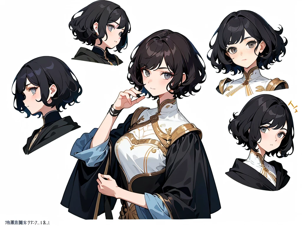 Masterpiece: 1.6, Best Quality: 1.4, Live Image: 1.2, intricate details: 1.2, charturnerv2: 1.2, 1lady complete change in the character of the body,
Appearance: Young : 1.25, Thin: 1.3, light hazel eyes, Average Breasts,, Detailed eyes, High-quality eyes,
Accessories for the sewing workshop:
Hair: black hair, Short hair, Disheveled curly hair,
makeup: naturals, sparkly skin,
(Single background, whitebackground: 1.3), multiple views, Multiple images of the same character in the same outfit: 1.3.