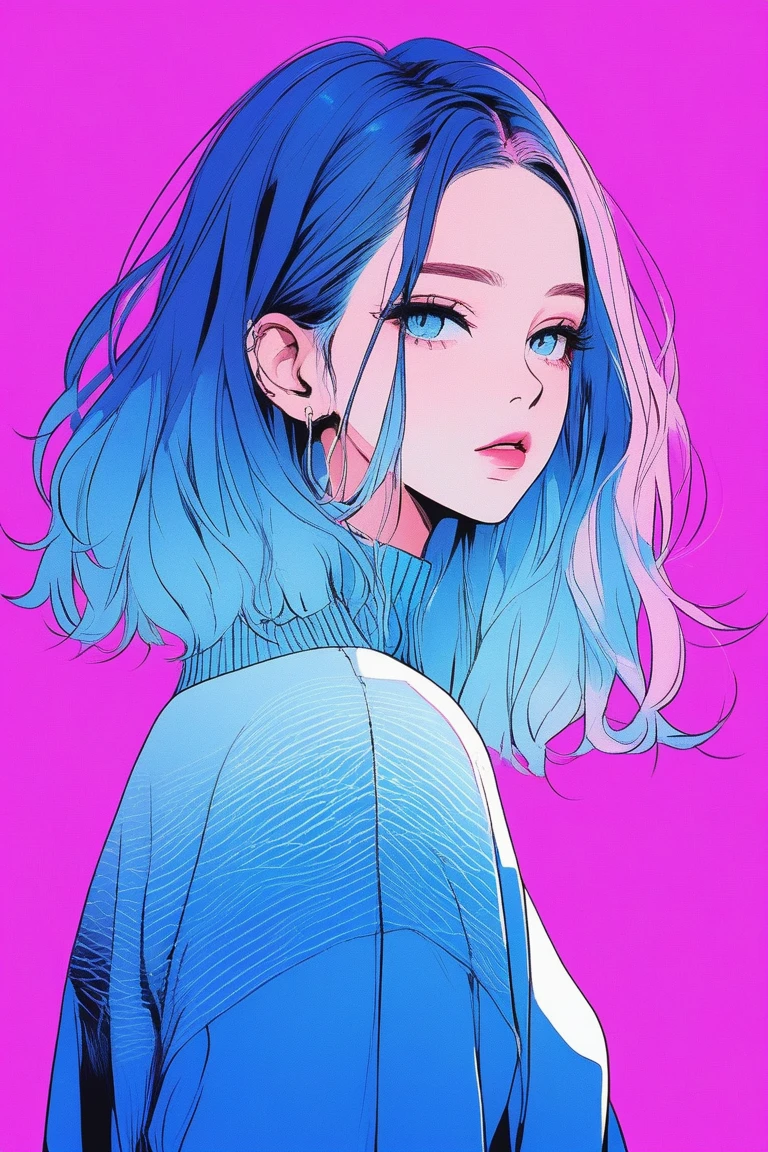 illustrator, anime , realistic ,sketch , 1 girl, ,lip, sweater,order, Blue gradient background, neon hair,Textured trim, Canadian, (masterpiece,Best quality)