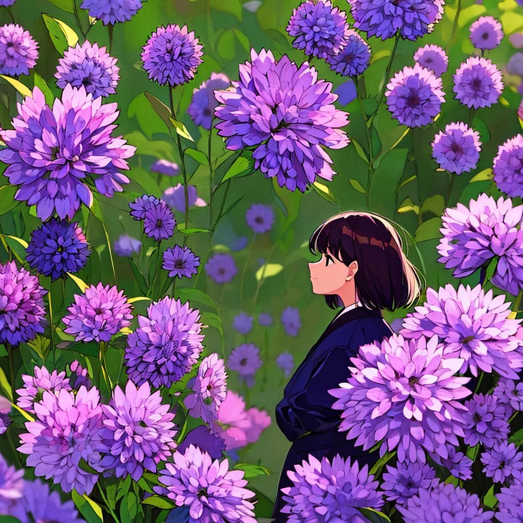 A woman surrounded by purple flowers. Simple, nostalgic, mysterious.