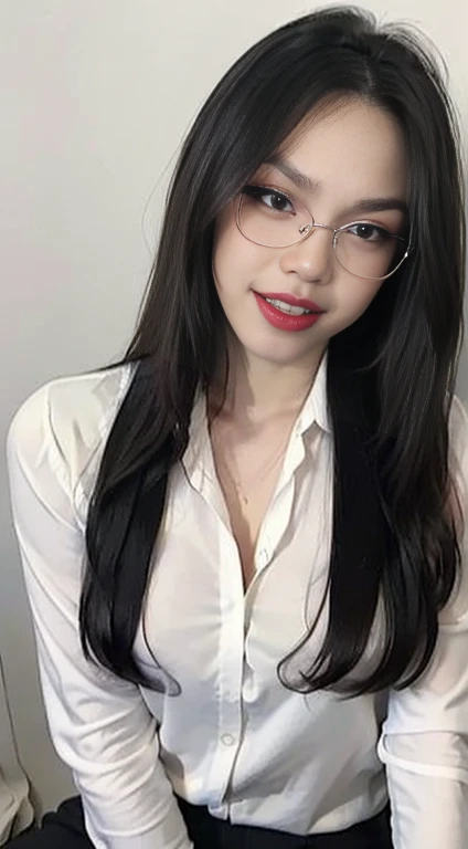 (best quality, masterpiece:1.2), white background, realistic, crew neck, closed-neckline, pants, (business jacket:1.2), (brown hair:1.2), big eyes, beautiful woman, smile, eyelashes, highly detailed face, fierce look, angry look, (long sleeved shirt: 1.2), looks like a naughty celebrity but is a good girl, virgin girl, inexperienced virgin girl, full body, (slanted angry eyebrows: 1.6), (discrete sex appeal: 1.0), (big kind smile: 1.2), (open mouth smile: 1.2), (happy: 1.2), (kind face: 1.2), (genuine smile: 1.2), (genuine smiling eyes: 1.2), innocent girl that looks naughty, traditional girl, straight-A student, (glasses: 1.2)