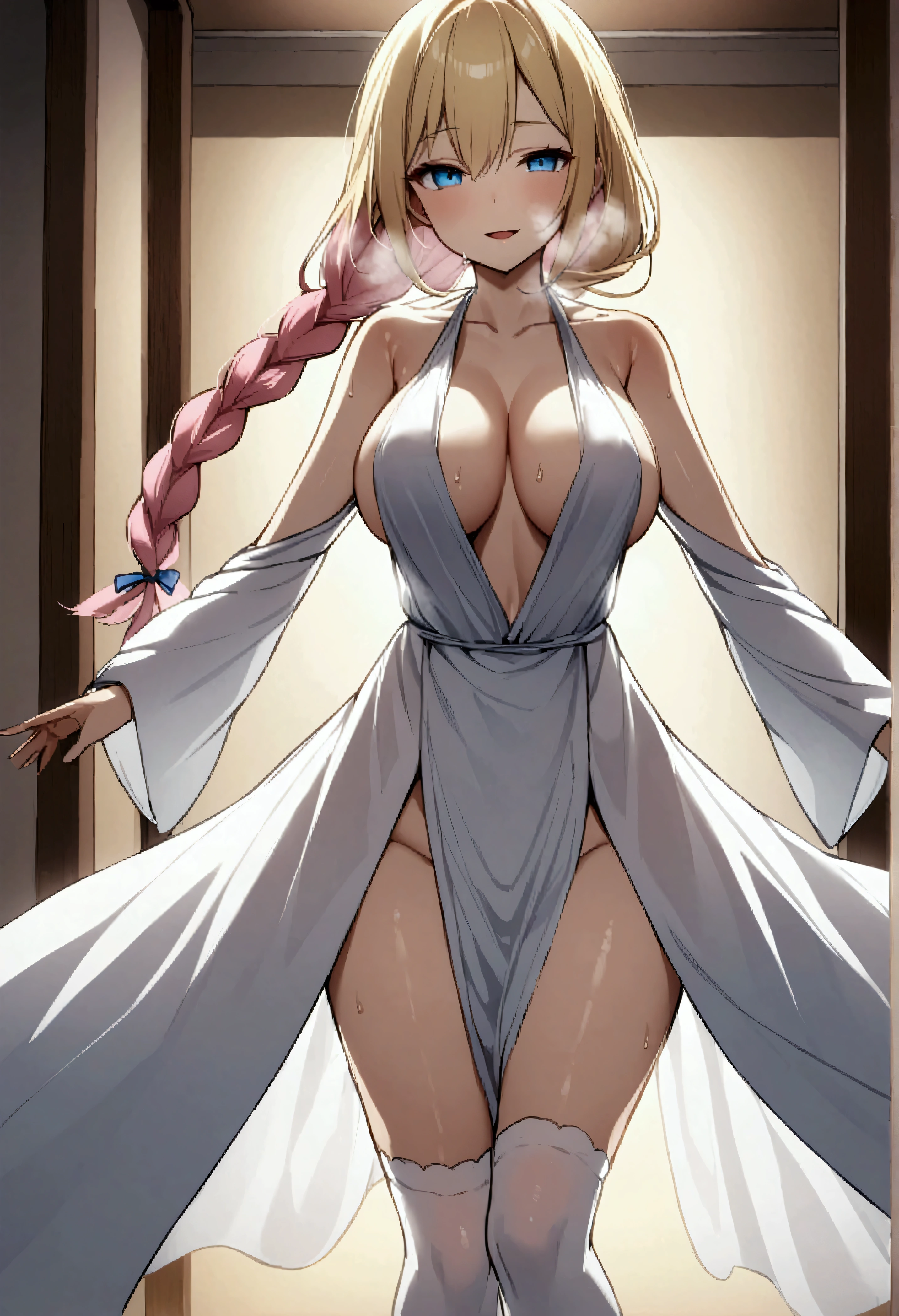 One girl、solo、Big Breasts、Blonde Hair、Long Hair、blue eyes、Braid、Pink hair ribbon、Braidのポニーテール、White Robe、nakedのローブ、naked、White knee socks、smile、Half an eye、Open lips、Narrow shoulders、Heavy breathing、Steaming body、dining room、indoor、Staring at the audience、Close-up、Spread your arms、Outstretched arms、Subjective