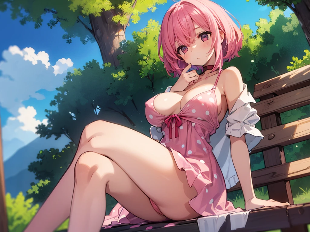 (A beautiful woman is sitting and sleeping).
I'm sleeping while sitting with my legs spread out lazily on a park bench.
She has no panties and is wearing a mini red polka dot dress.
The pubic part is visible.
My chest is big. The chest of the clothes is open.
pink afro hair