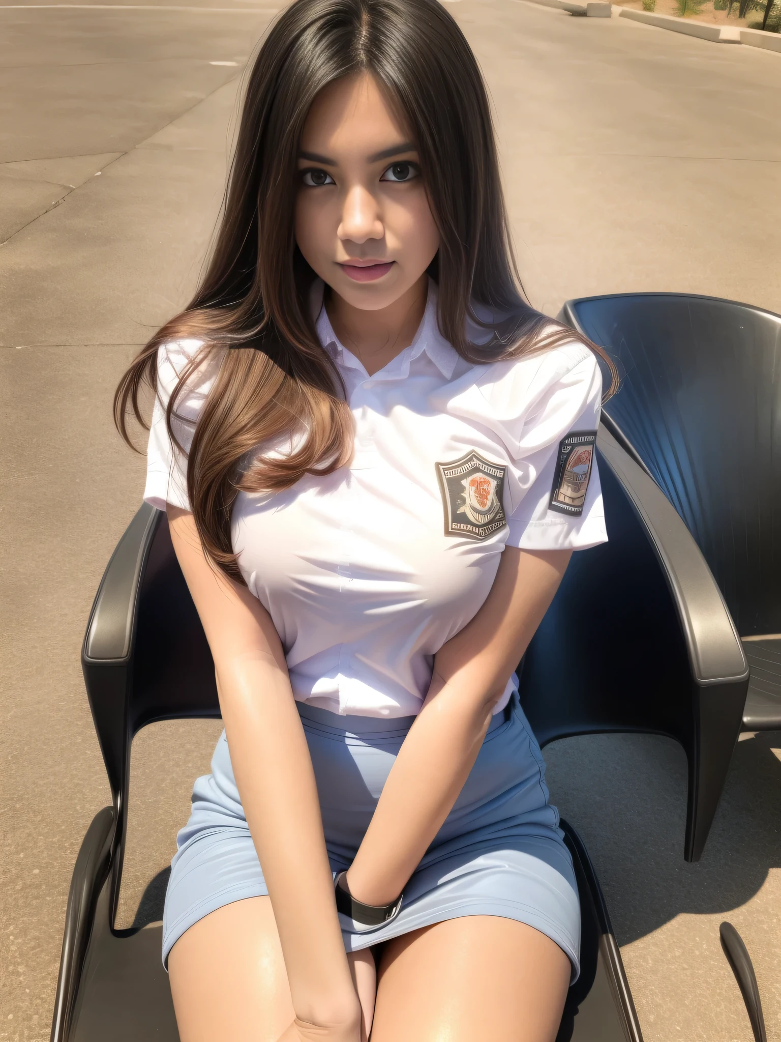 1girl, (uniform), sits with her legs pressed to her chest, outdoors, detailed Metropolitan city at the background, detailed face, detailed eyes, brunette, big breasts, smooth realistic skin, semi-curvy body, white shirt, grey blue hot miniskirt , looking at the audience, (Overhead view:1.4), (zoom out: 1.5), (8k, RAW photo, best quality, masterpiece: 1.2), (realistic, realistic: 1.37), ultra-high resolution