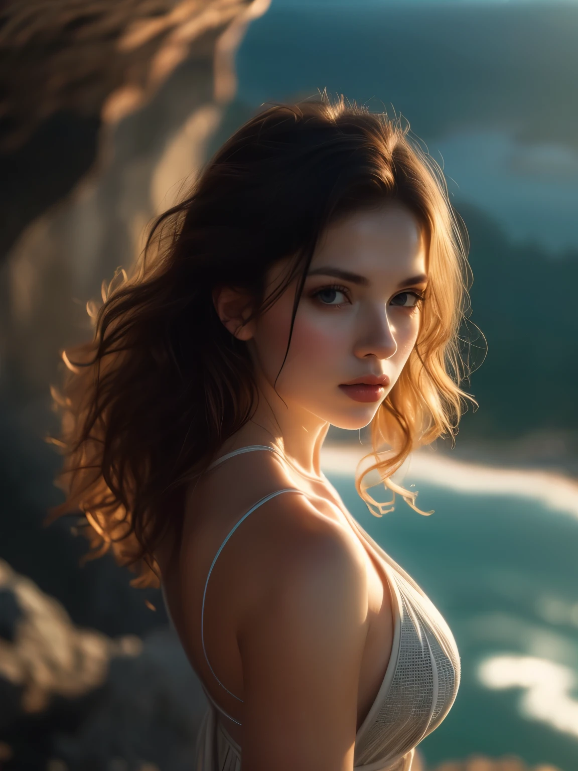 (sharp focus:1.2), photo, attractive young woman, (beautiful face:1.1), detailed eyes, luscious lips, (smokey eye makeup:0.85), (medium breasts:1.0), (athletic body:1.2), (wavy hair:1.2), wearing (maxi dress:1.2) on a (cliffside:1.2). (moody lighting:1.2), depth of field, bokeh, 4K, HDR. by (James C. Christensen:1.2|Jeremy Lipking:1.1).