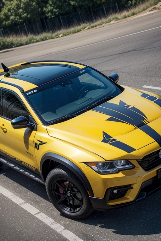 Make a dark yellow transformers decepticon furry fox car with fox vinyl with fox decal with off road furry fox fur details