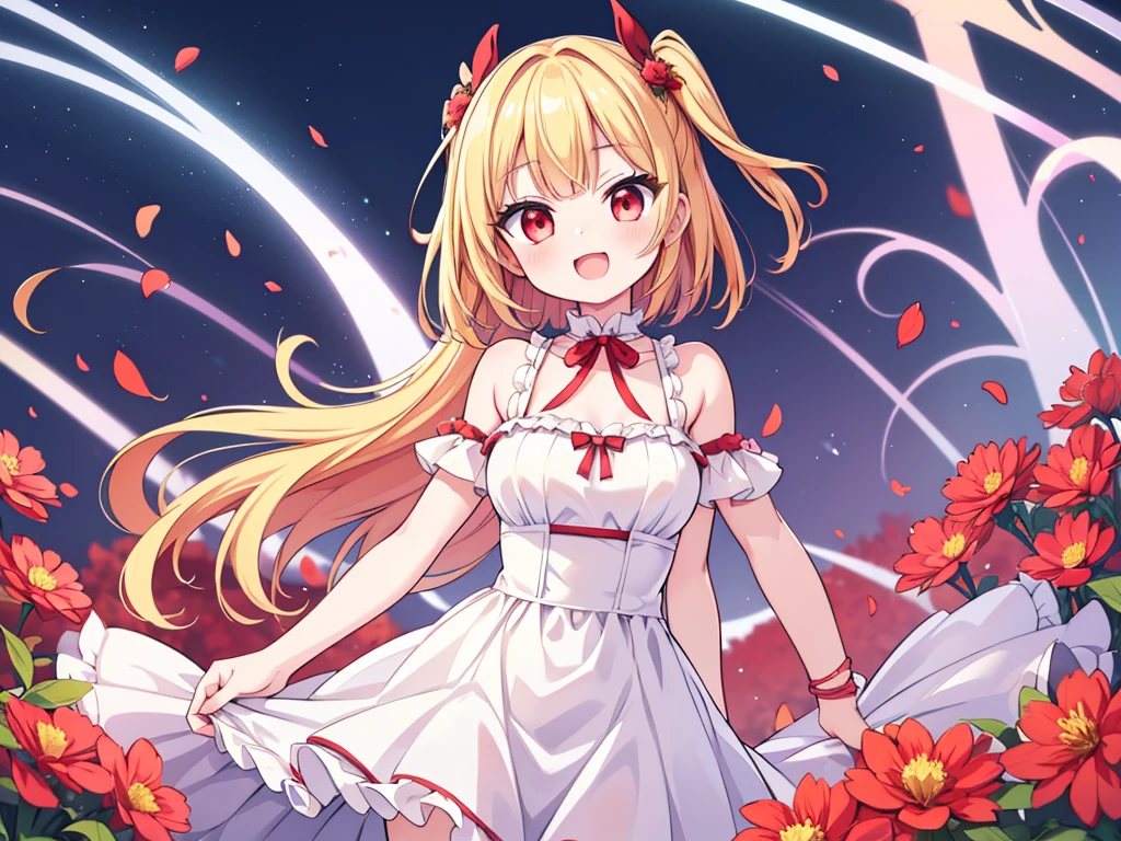 Girl, small, flat chest, blonde twirly hair, medium hair, green eyes, light skin, red maid dress