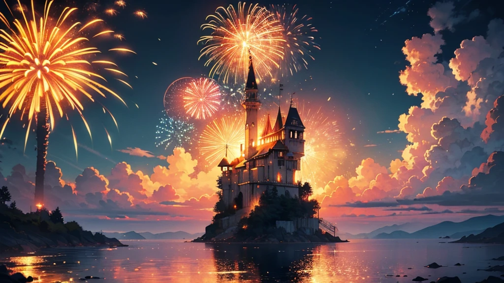 a beautiful detailed fireworks display, blurred foreground, soft colors, serene atmosphere, realistic, photorealistic, 8k, best quality, masterpiece, vibrant colors, dramatic lighting, cinematic, intricate details, glowing embers, ethereal, dreamlike, mesmerizing