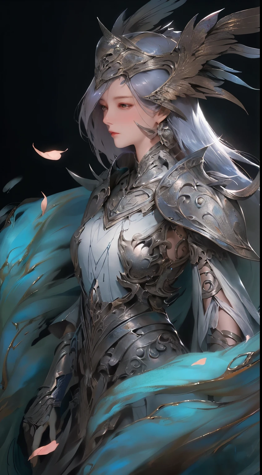 Close up of woman in silver and blue dress, Pan Chengwei on artstation, author：Yang J, Detailed fantasy art, Stunning character art, Fan Art Best Artstation, Epic and beautiful character art, Beautiful armor, Extremely detailed Artgerm, Detailed digital anime art, artstation pixiv download artgerm, Armor Girl