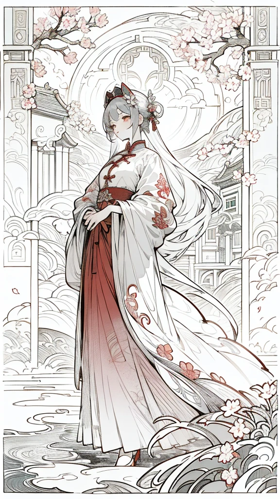 chinese ancient style,Girl in a red dress,+Graceful posture,Beautiful Face,Delicate embroidery on costumes,Ancient court scenery,Scattering cherry blossoms,Mysterious ancient structure,Glazed tile roof,Bluestone Road,Powerful ink painting style,Beautifully arranged hair accessories,Ultra-high resolution,8k,Ray Tracing,Light and dark contrast