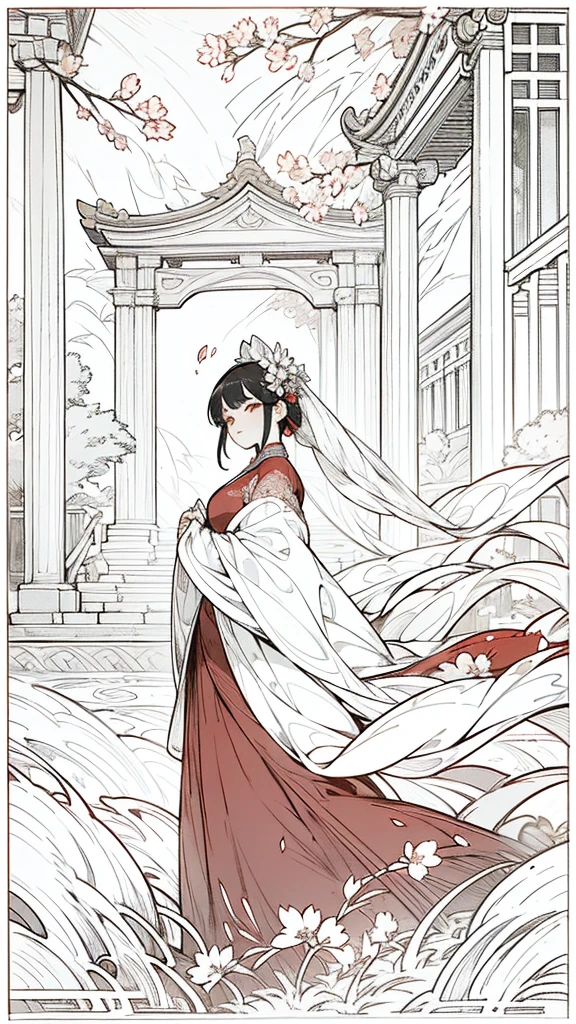 chinese ancient style,Girl in a red dress,+Graceful posture,Beautiful Face,Delicate embroidery on costumes,Ancient court scenery,Scattering cherry blossoms,Mysterious ancient structure,Glazed tile roof,Bluestone Road,Powerful ink painting style,Beautifully arranged hair accessories,Ultra-high resolution,8k,Ray Tracing,Light and dark contrast