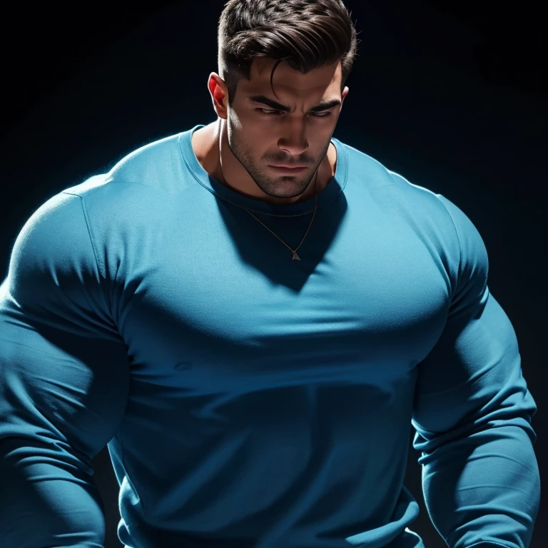 a very handsome young man, massively muscular, with massively large muscles, with massively large biceps, with massively large arms, wearing a simple blue sweatshirt with long sleeves, on a black illuminated background