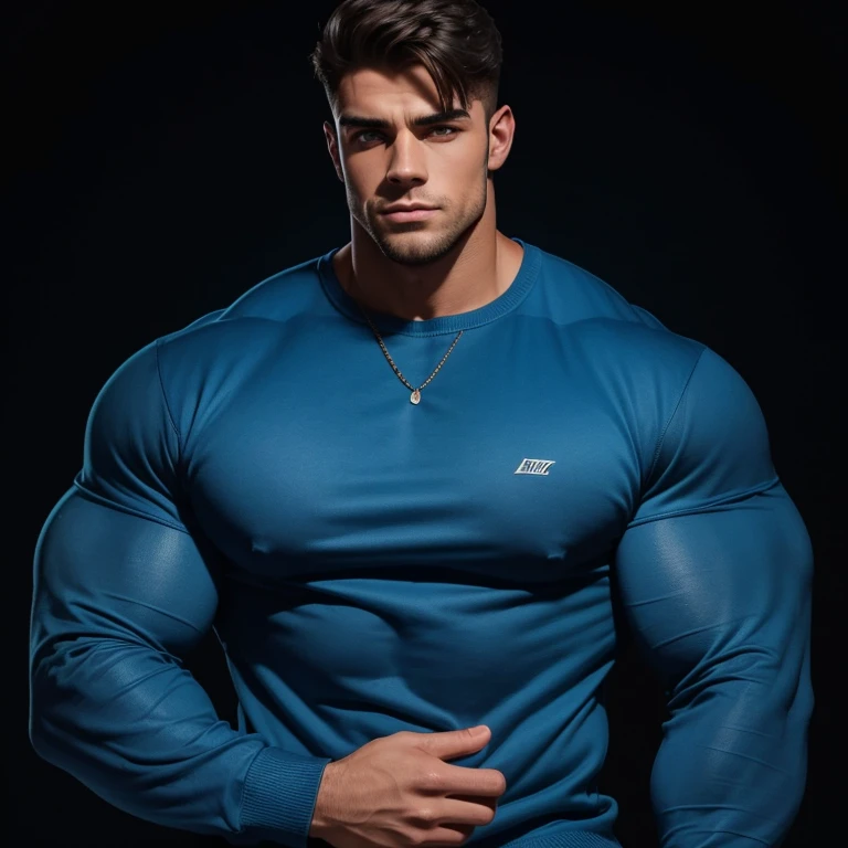 a very handsome young man, massively muscular, with massively large muscles, with massively large biceps, with massively large arms, wearing a simple blue sweatshirt with long sleeves, on a black illuminated background