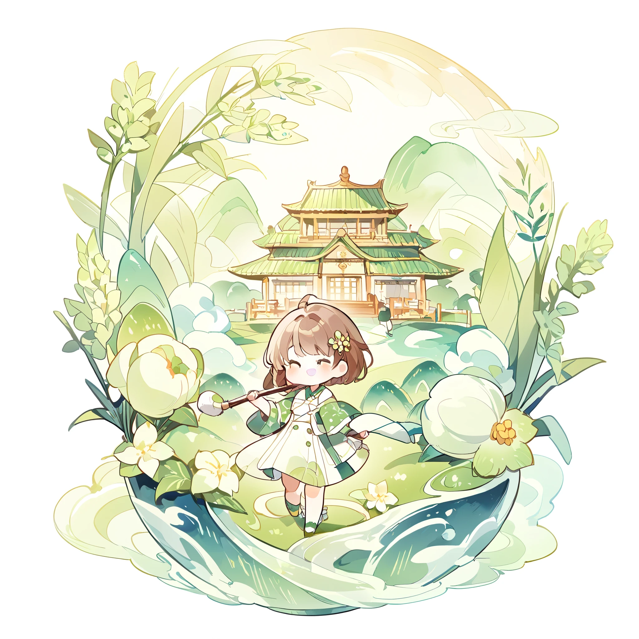 have fun,Hold a brush in hand,I wish you happiness and good health,Depth of detail,Q version three-headed body,Transparent watercolor、girl、Beautiful arrangement and theme、Write Depth、Flat Avatar, 1girl, (Brown short hair),Fashionable design clothing(Green and White)),Green meadow in background、 Lovely girl, plain attire, Big avatar,