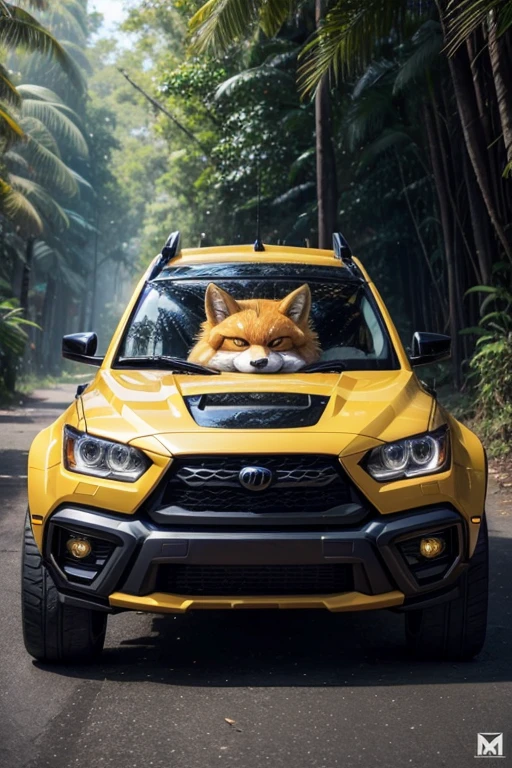 Make a dark yellow transformers decepticon furry fox car with fox vinyl with fox decal with furry fox fur details jungle agent foxmos