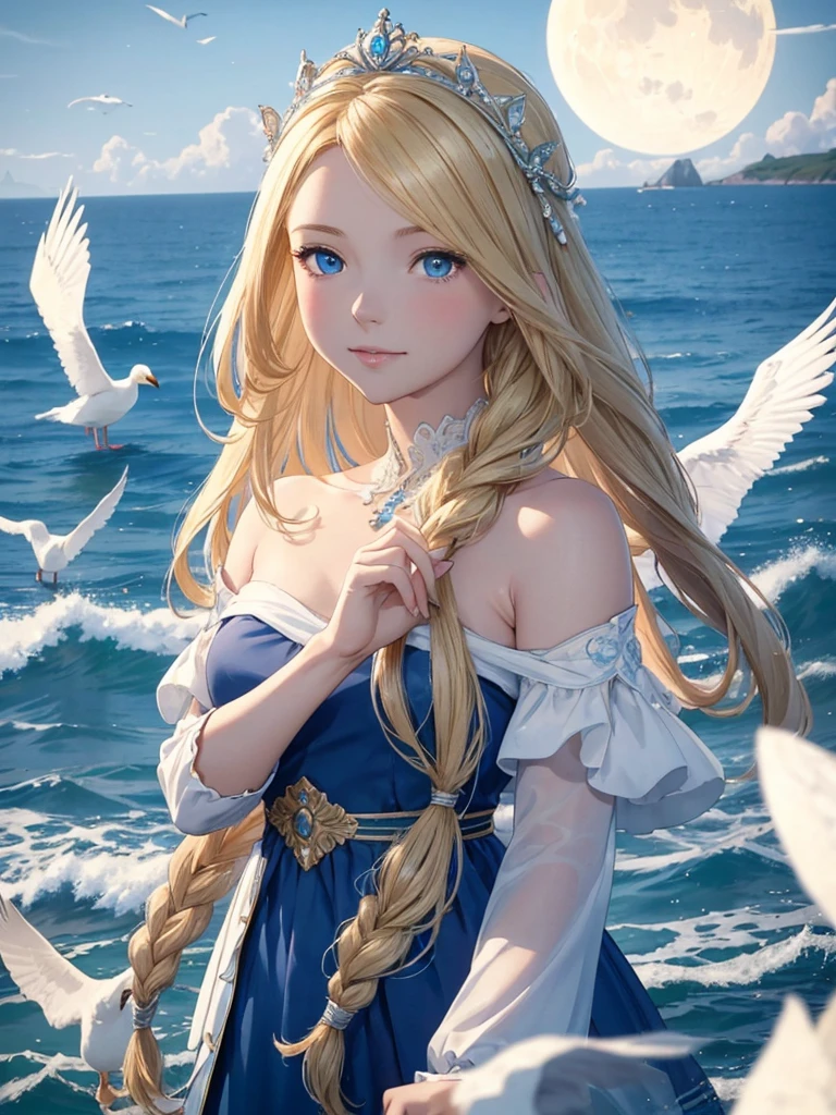 ,((Highest quality))),8k,((masterpiece)),(Very sophisticated and beautiful), A girl emerges from the sea, The Swan Princess of Russian Mythology, Beautiful calm face, blue eyes, Long blonde hair braided, Moon braid at the back of the head, With a kokoshnik crown on his head、White and shiny old Russian clothing, Loving eyes, Half-laugh, There was a gentle look on his face, Background seascape and sunlight, Seagulls in the sky, full length, realism