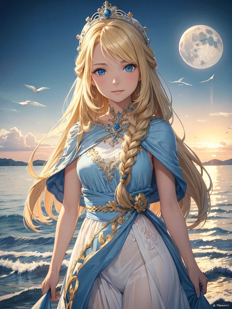 ,((Highest quality))),8k,((masterpiece)),(Very sophisticated and beautiful), A girl emerges from the sea, The Swan Princess of Russian Mythology, Beautiful calm face, blue eyes, Long blonde hair braided, Moon braid at the back of the head, With a kokoshnik crown on his head、White and shiny old Russian clothing, Loving eyes, Half-laugh, There was a gentle look on his face, Background seascape and sunlight, Seagulls in the sky, full length, realism