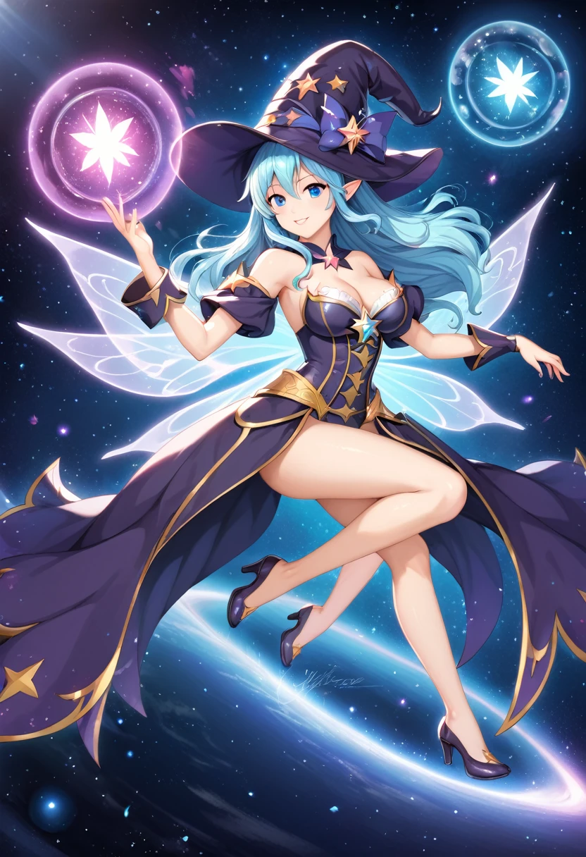 Highest quality, High resolution, One girl, Fairy, Witch Hat, Floating in space, Energy sphere, Particles of light, Shiny Hair, Shining Star, Fantasy,