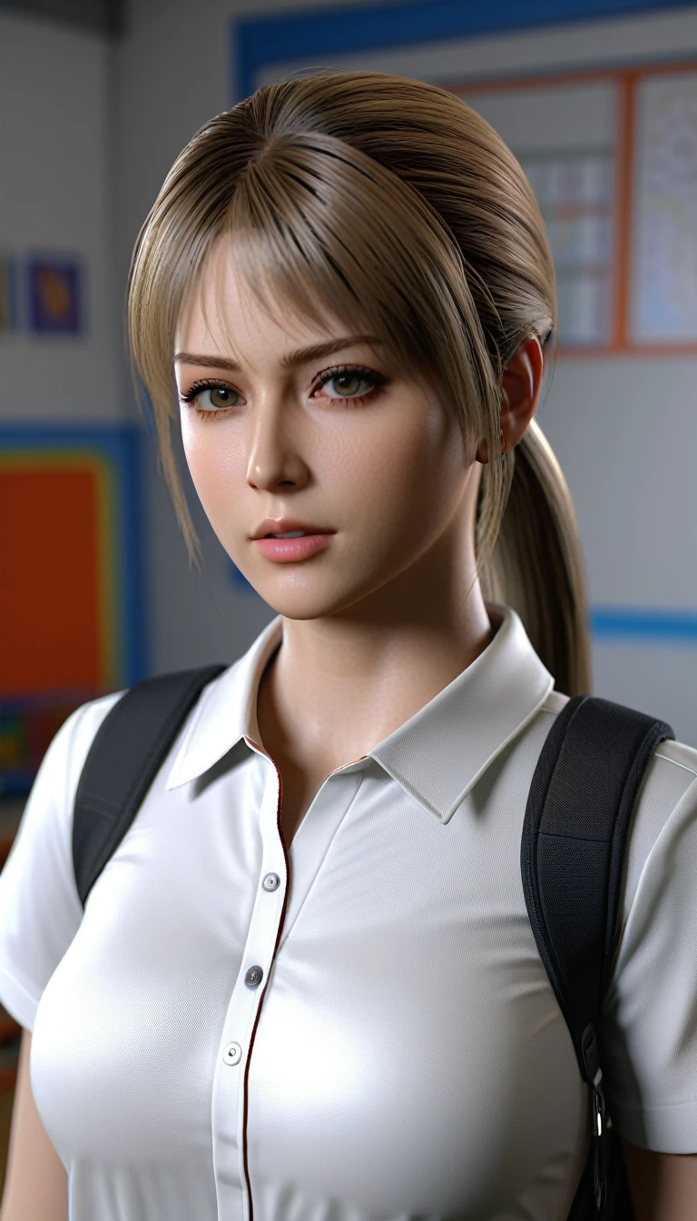 1girl, portrait of shot of re4ashley, athletic, black , white shirt, classroom, volumetric lighting, best quality, masterpiece, intricate details, tonemapping, sharp focus, hyper detailed, trending on Artstation, realistic,
