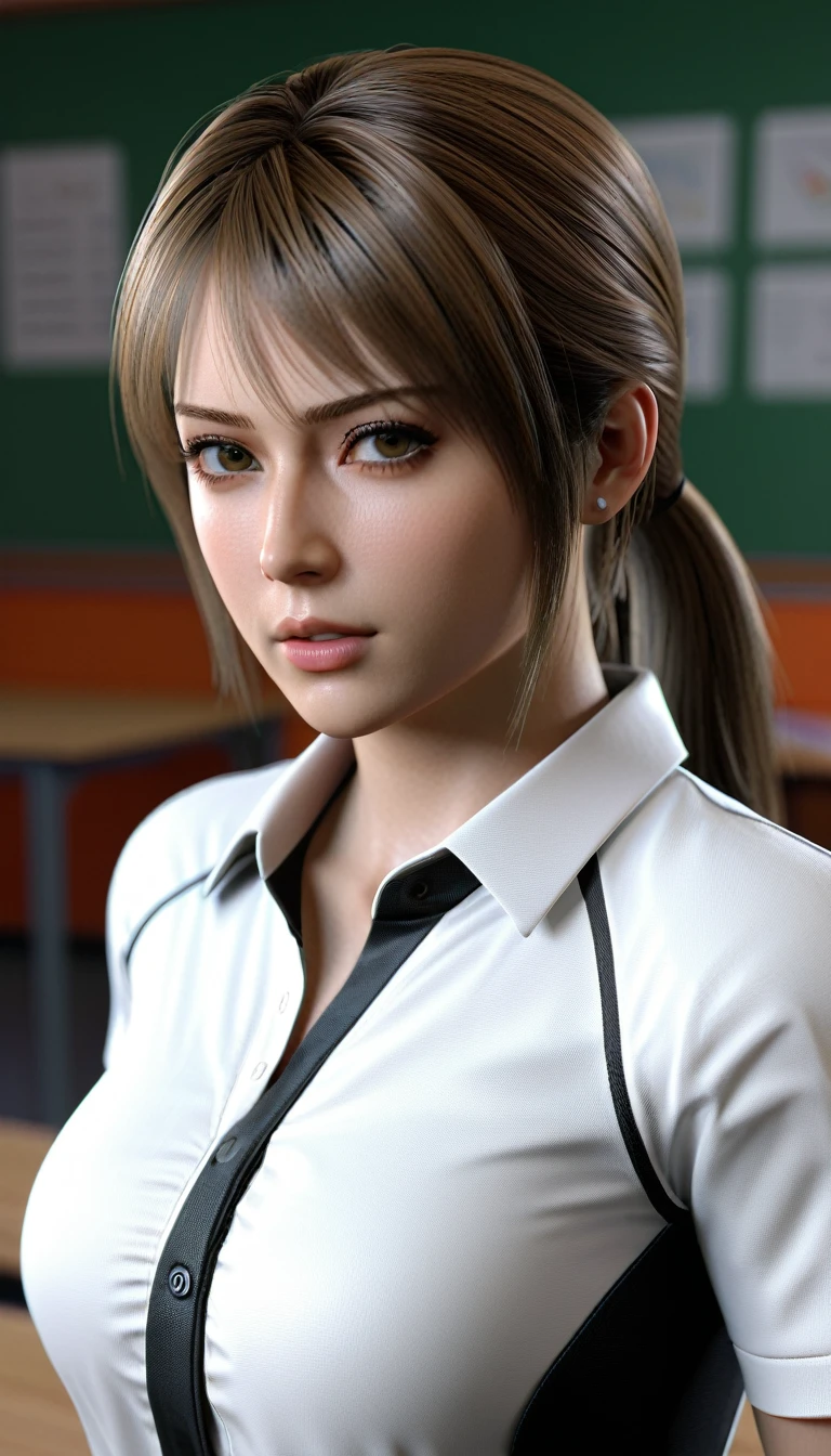 1girl, portrait of shot of re4ashley, athletic, black , white shirt, classroom, volumetric lighting, best quality, masterpiece, intricate details, tonemapping, sharp focus, hyper detailed, trending on Artstation, realistic,