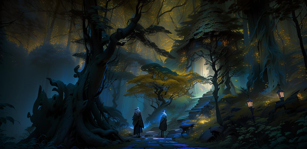 A man stands under a tree in a dark forest, Lothlorien at night, Beautiful, cinematic lighting, Fantasy Stills, The most beautiful scenery, Mystery from Netflix, Visually stunning scenes, Opening, 8k matte painting, 8k matte painting, Lothlorien, Tolkien and Michael Cormac, 4K matte