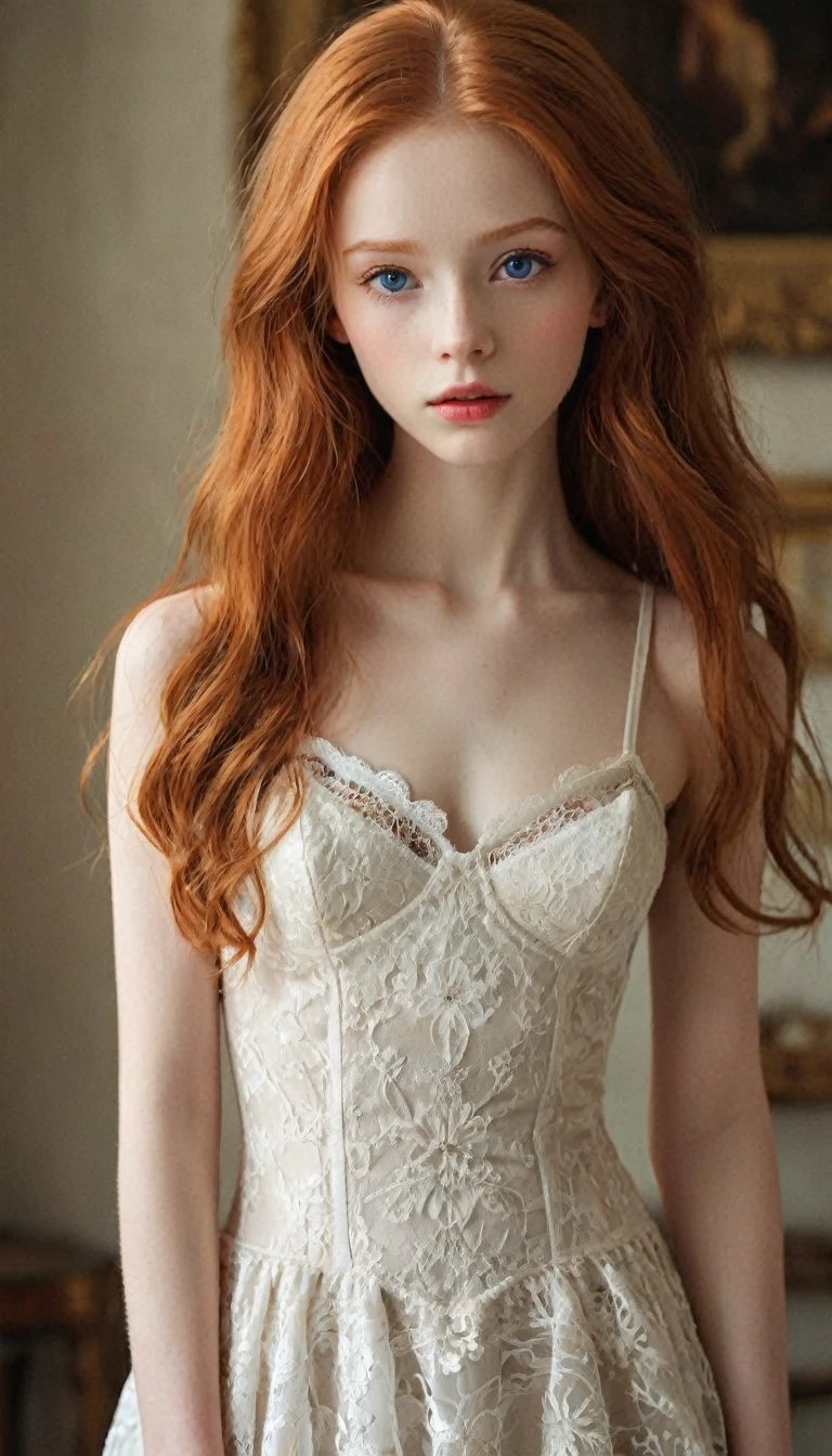 In a rococo atelier、(flat!!!! tiny!!!! chest), (************ girl), very young extremely!!!!!! pretty!!!!!!!!! beautiful!!!!!!! face, blue eyes, pale skin, Oil painting nude!!!! model, wears an open!!!!!! white slip dress, lingerie, anorexic!!!!!!, emaciated!!!!!!!!!!!!!, very skinny!!!!!!, (very short!!!!!!!!!!!!!!), tiny!!!!!. Highly detailed, 8K, short!!!!!!!!!, 1girll, boney!!!!!!, firered!!!!!! long straight hair, silver head!!!!!!!!!!!! , (Perfect_Face), Convoluted, Dramatic Lighting, 4K, Detailed_Background, Caustics, from a_Side!!!!!, (eye contact!!!!!), (looking at camera!!!!!!), shot focus on belly and the crotch, whole body shot:1.2,ginger hair