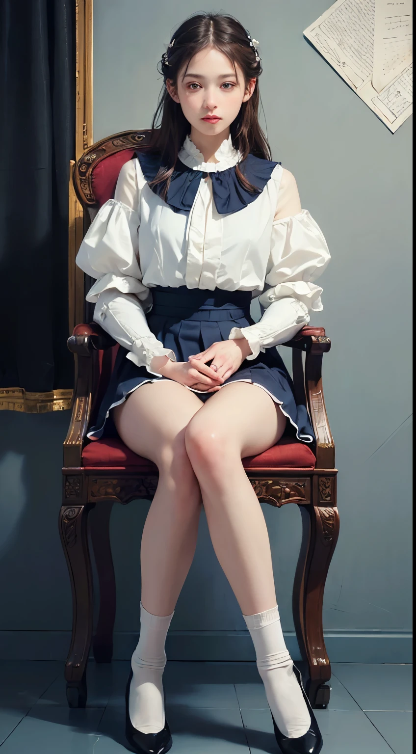 1 girl, (whole body), unknown , Detailed clothing, (Delicate illustrations:1.4),(Tabletop:1.0), (Highest quality:1.4), (Ultra-high resolution:1.2), (Realistic:1.4), (8k, RAW Photos:1.2), (Soft Focus:1.4), (18-year-old:1.3), (Sharp focus:1.4), (Renaissance art:1.4), Beautiful face in every detail, (White collar blouse, Silk White Socks, Dark Blue Skirt, Black pumps), Sit on a chair