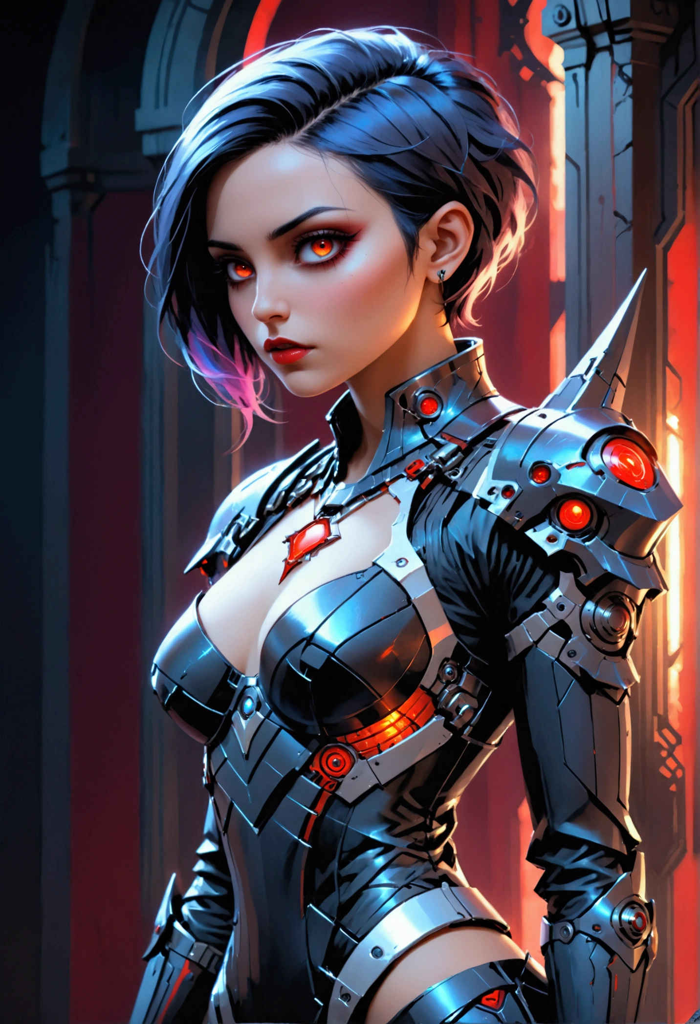 a portrait of mecha female vampire in a dark gothic cyberpunk church, an exotic exquisite beautiful mecha female vampire, dynamic hair color, short hair, dynamic eyes color, intense eyes, glowing eyes, dynamic eyes color, wearing intricate mech armor, delicate mech armor, delicate blood veins in the armor, wearing thigh high heeled boots, dark gothic cyberpunk church background, vibrant, Ultra-high resolution, High Contrast, (masterpiece:1.5), highest quality, Best aesthetics), best details, best quality, highres, 16k, (ultra detailed: 1.5), masterpiece, best quality, (extremely detailed) RAW, (ultra details, Masterpiece, best quality), Dark Art Painting Style, Dark Fantasy page