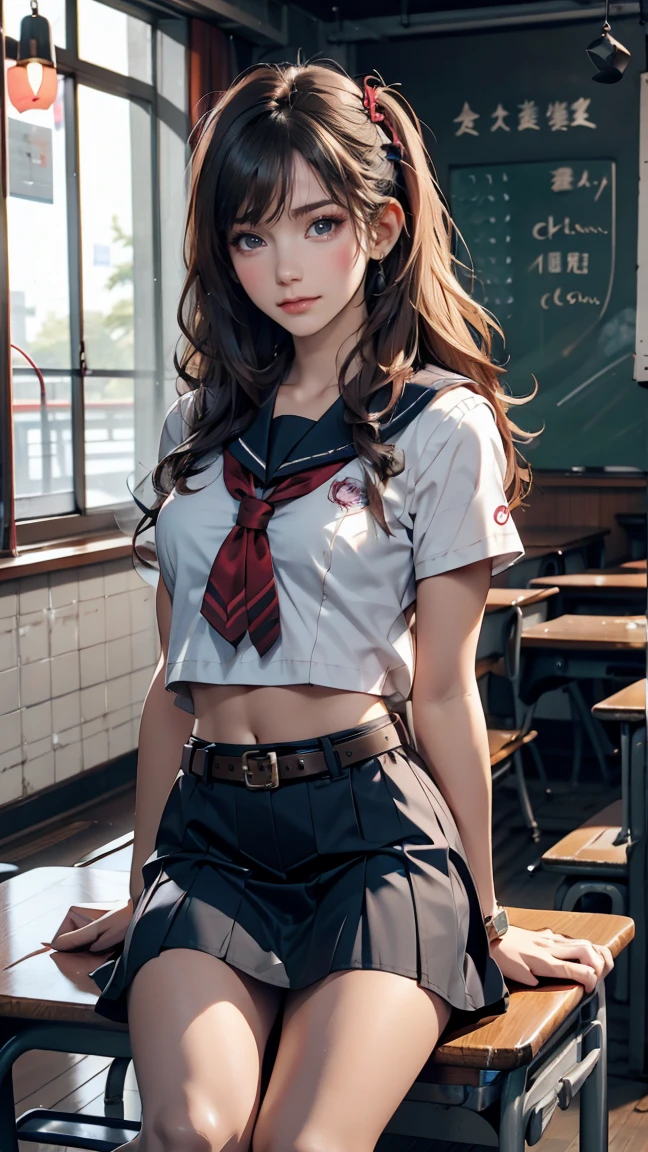 time々Alya next to me is whispering in Russian..、Russian women、high school girl、Sailor suit、mini skirt、belt、watch,Silver Hair、In the back of a Japanese high school classroom、Please sit down、smile