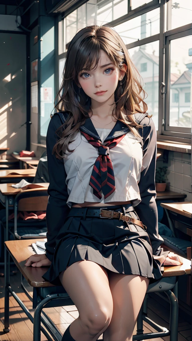 time々Alya next to me is whispering in Russian..、Russian women、high school girl、Sailor suit、mini skirt、belt、watch,Silver Hair、In the back of a Japanese high school classroom、Please sit down、smile