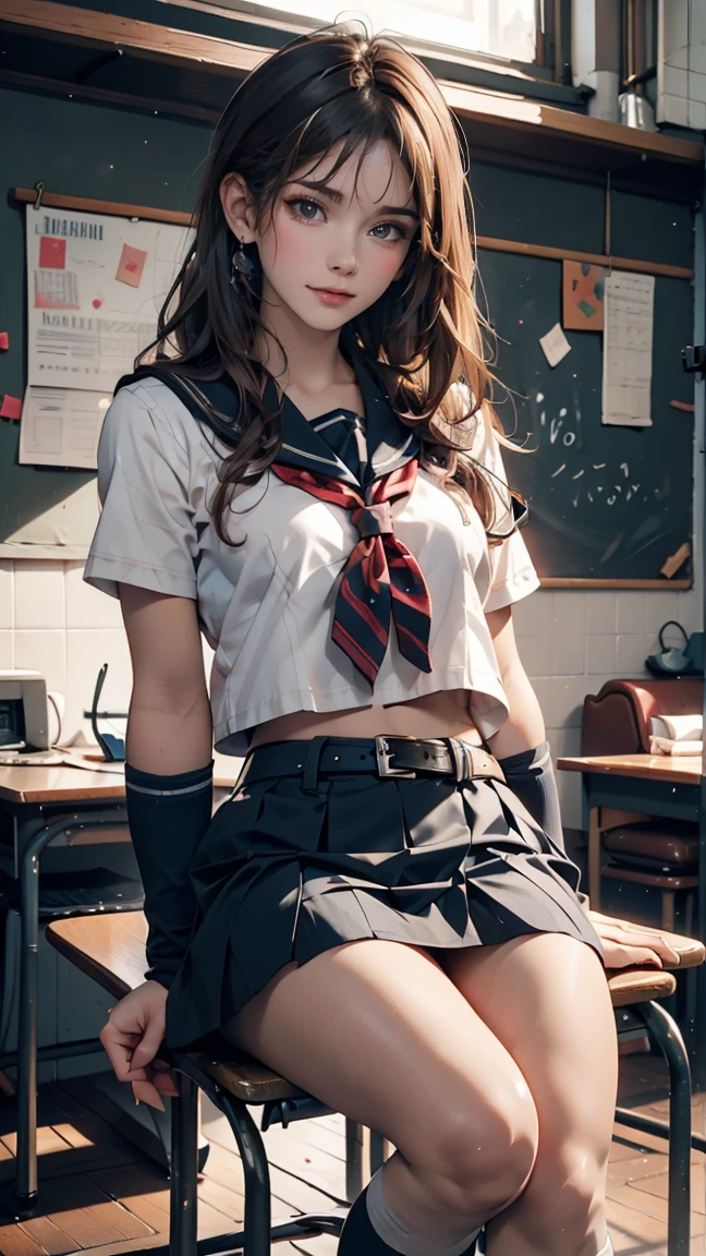 time々Alya next to me is whispering in Russian..、Russian women、high school girl、Sailor suit、mini skirt、belt、watch,Silver Hair、In the back of a Japanese high school classroom、Please sit down、smile