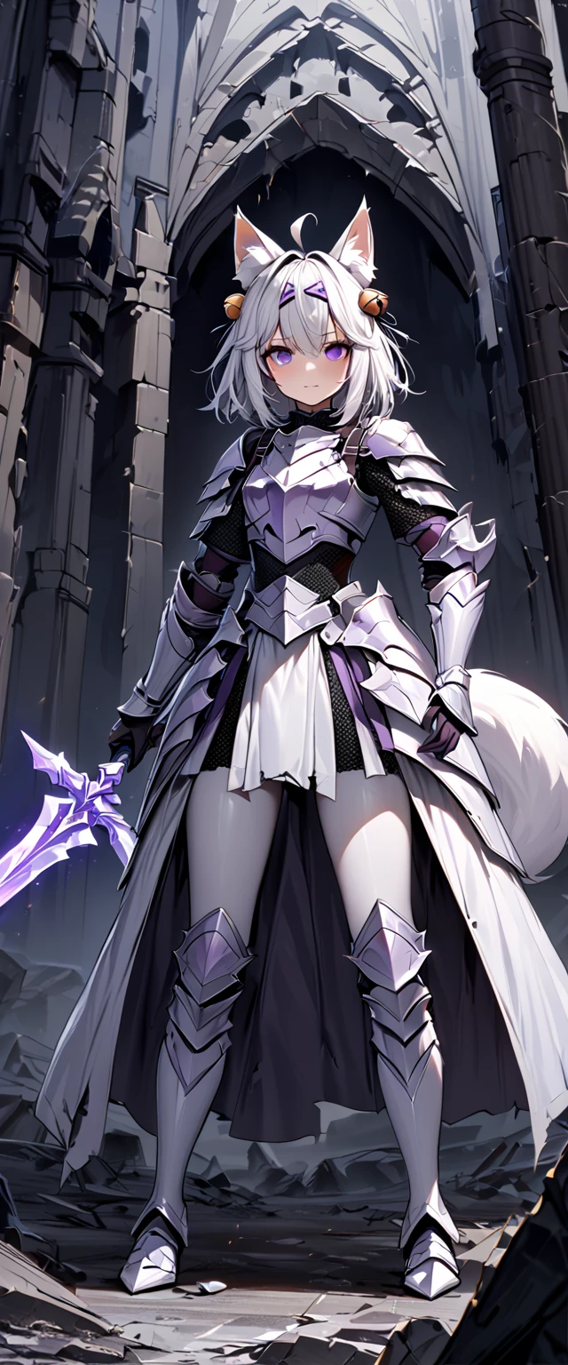 UHD, masterpiece, best quality, extremely detailed, anatomically correct, sharp focus, midnight, gloomy atmosphere, frontal light, soft light, diffused light, shade, no shadow, ((battlefield)), abandoned castle, broken castle, broken walls, broken floors, broken windows, broke glass, 1girl, solo, Filian, fox tail, small cat ears, white hair, short hair, shoulder length hair, ahoge, (purple hairclip:1.4), (hair bell:1.3), hair ornament, hair bell, big eyes, deep violet eyes, blush, closed mouth, slight smile, white knight's armor, white breastplate, white gauntlet, slim arms, hands wielding purple crystal sword, white armored skirt, (chainmail chausses), slim legs, white leg armor, white greaves, white armored boots, full body shot, full body pose, Eye-Level Shot, front view, full body pose,