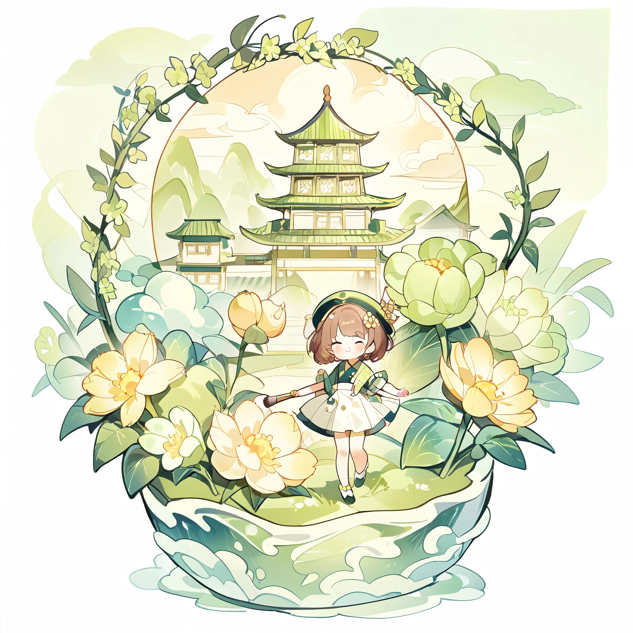 have fun,Hold a brush in hand,I wish you happiness and good health,Depth of detail,Q version three-headed body,Transparent watercolor、girl、Beautiful arrangement and theme、Write Depth、Flat Avatar, 1girl, (Brown short hair),Fashionable design clothing(Green and White)),Green meadow in background、 Lovely girl, plain attire, Big avatar,