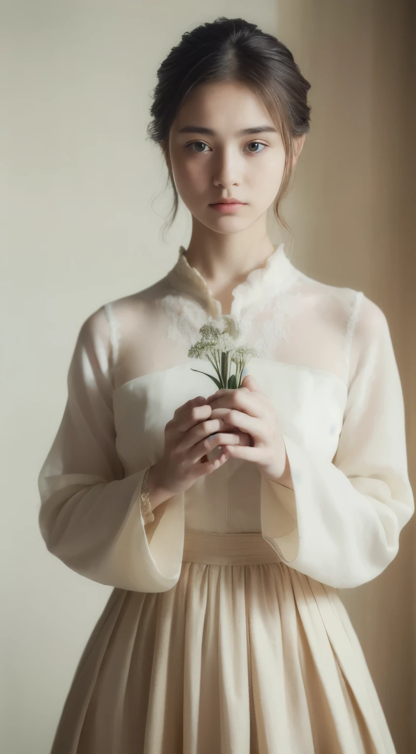 1 girl, (whole body), unknown , Detailed clothing, (Delicate illustrations:1.4),(Tabletop:1.0), (Highest quality:1.4), (Ultra-high resolution:1.2), (Realistic:1.4), (8k, RAW Photos:1.2), (Soft Focus:1.4), (18-year-old:1.3), (Sharp focus:1.4), (Renaissance art:1.4), Beautiful face in every detail, (White collar blouse), Holding an amaryllis flower with both hands