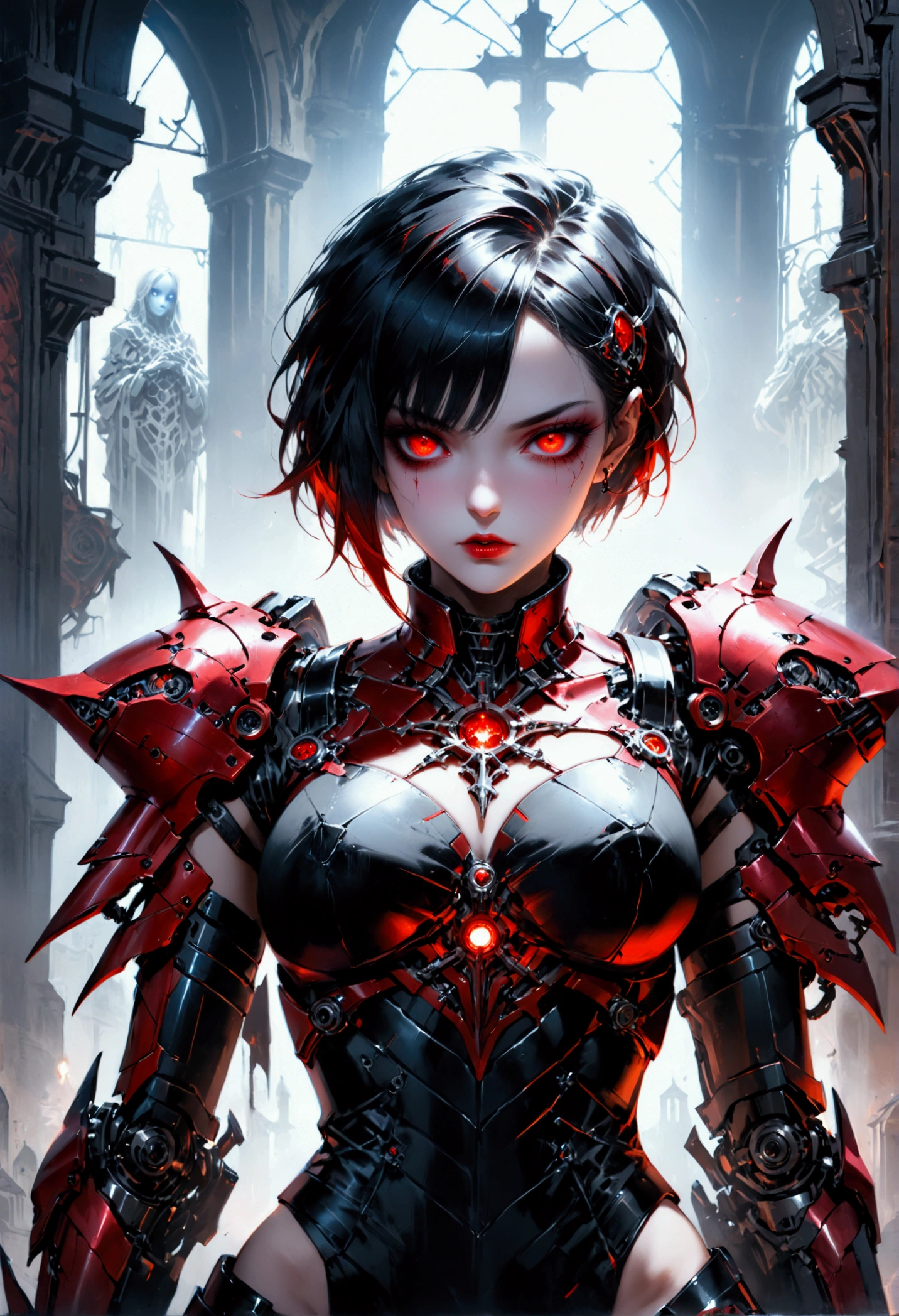 a portrait of mecha female vampire in a dark gothic cyberpunk church, an exotic exquisite beautiful mecha female vampire, dynamic hair color, short hair, dynamic eyes color, intense eyes,  glowing eyes, dynamic eyes color, wearing intricate mech armor, delicate mech armor, delicate blood veins in the armor, wearing thigh high heeled boots, dark gothic cyberpunk church background, vibrant, Ultra-high resolution, High Contrast, (masterpiece:1.5), highest quality, Best aesthetics), best details, best quality, highres, 16k, (ultra detailed: 1.5), masterpiece, best quality, (extremely detailed) RAW, (ultra details, Masterpiece, best quality), Dark Art Painting Style