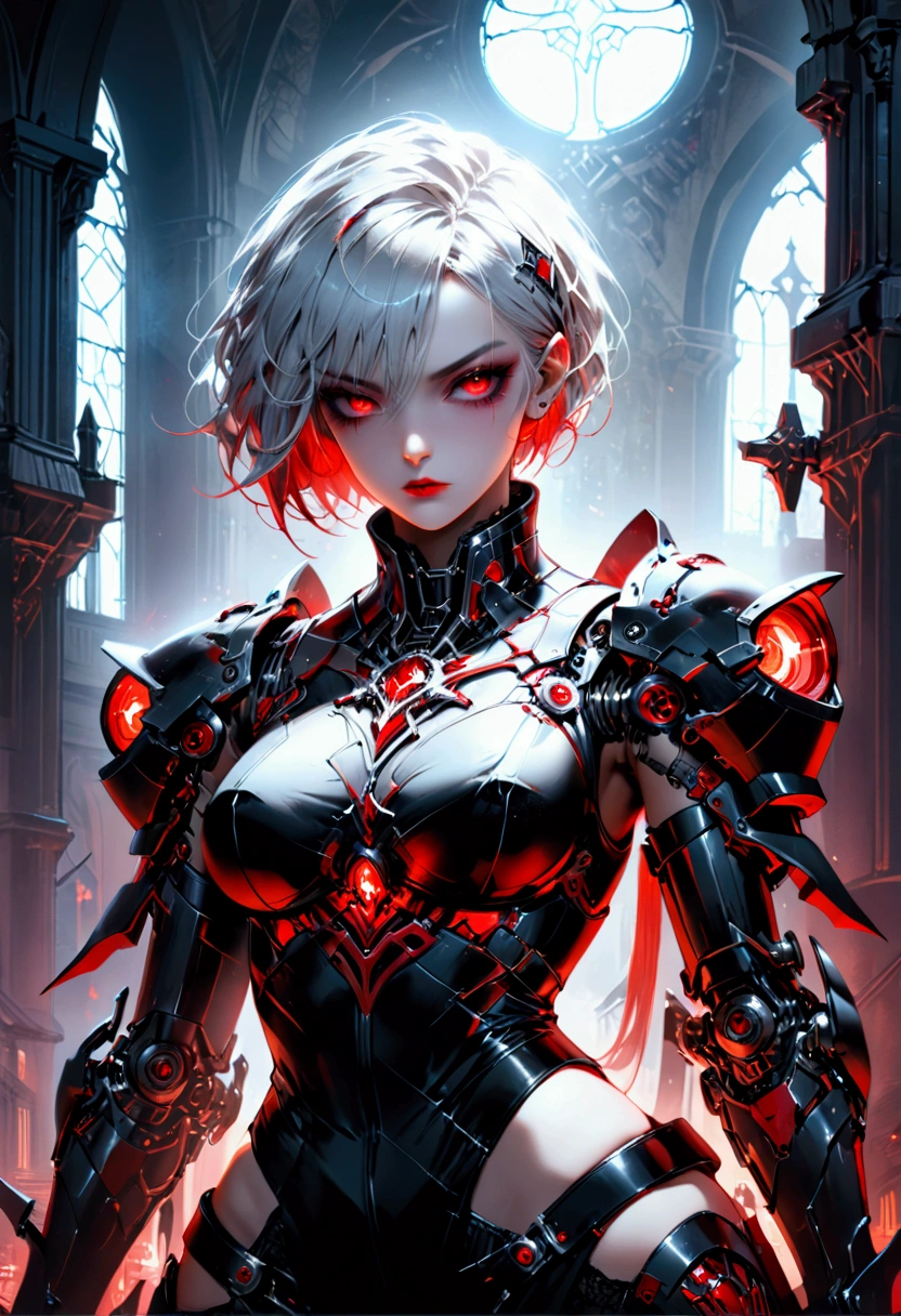 a portrait of mecha female vampire in a dark gothic cyberpunk church, an exotic exquisite beautiful mecha female vampire, dynamic hair color, short hair, dynamic eyes color, intense eyes, glowing eyes, dynamic eyes color, wearing intricate mech armor, delicate mech armor, delicate blood veins in the armor, wearing thigh high heeled boots, dark gothic cyberpunk church background, vibrant, Ultra-high resolution, High Contrast, (masterpiece:1.5), highest quality, Best aesthetics), best details, best quality, highres, 16k, (ultra detailed: 1.5), masterpiece, best quality, (extremely detailed) RAW, (ultra details, Masterpiece, best quality), Dark Art Painting Style