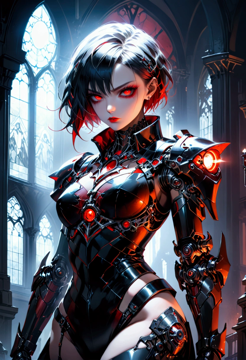 a portrait of mecha female vampire in a dark gothic cyberpunk church, an exotic exquisite beautiful mecha female vampire, dynamic hair color, short hair, dynamic eyes color, intense eyes, glowing eyes, dynamic eyes color, wearing intricate mech armor, delicate mech armor, delicate blood veins in the armor, wearing thigh high heeled boots, dark gothic cyberpunk church background, vibrant, Ultra-high resolution, High Contrast, (masterpiece:1.5), highest quality, Best aesthetics), best details, best quality, highres, 16k, (ultra detailed: 1.5), masterpiece, best quality, (extremely detailed) RAW, (ultra details, Masterpiece, best quality), Dark Art Painting Style