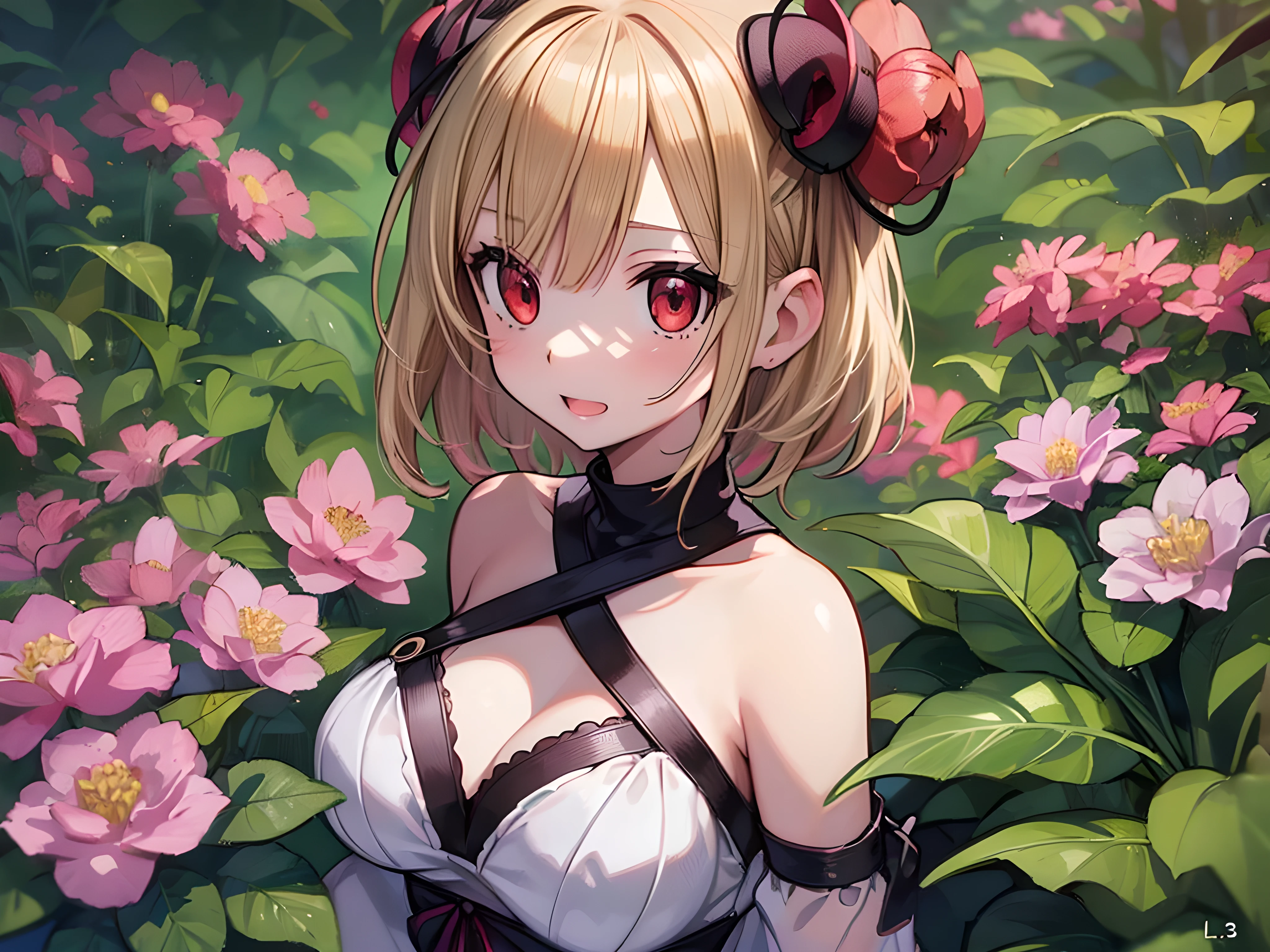 (best quality),(masterpiece),(ultra detailed),(A-1 Pictures official style,perfect Nishikigi Chisato 7.7),(Lycoris Recoil 7.7),,Super cute,blonde hair,short hair, (one side up 3.3,red hairtie arrangement),(ash red eyes),medium breasts,Lycoris swimwear,BREAK,hyper realistic cel anime style,extremely detailed,professional graphics,perfect shading,perfect anatomy,BREAK,8K highres,(ultra detailed cute face 3.3),digital art,depth of field, Flower Garden,kawaii onepiece dress,vector art,(;d, arms behind)