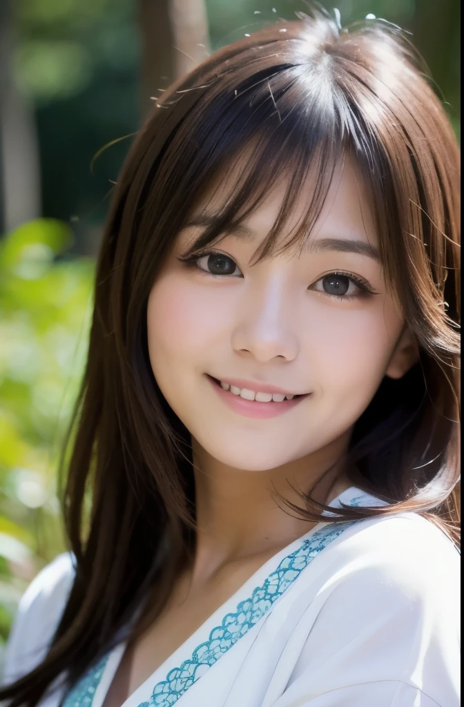 best quality, face focus, soft light, ultra high res, (photorealistic:1.4), RAW photo,(Shinozaki Ai),
1japanese girl, solo, cute, kawaii, smile, (pupil, lights in the eyes), detailed beautiful face, (busty),(high resolution detail of human skin texture),(long hair),(portrait), chest up, white traditional kimono, in the forest,