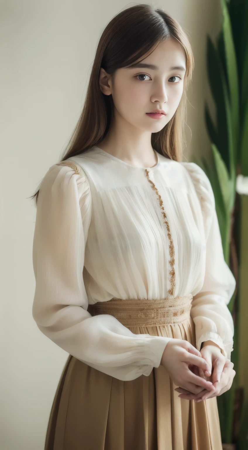 1 girl, (whole body), unknown , Detailed clothing, (Delicate illustrations:1.4),(Tabletop:1.0), (Highest quality:1.4), (Ultra-high resolution:1.2), (Realistic:1.4), (8k, RAW Photos:1.2), (Soft Focus:1.4), (18-year-old:1.3), (Sharp focus:1.4), (Renaissance art:1.4), Beautiful face in every detail, (White collar blouse), Holding an amaryllis flower with both hands