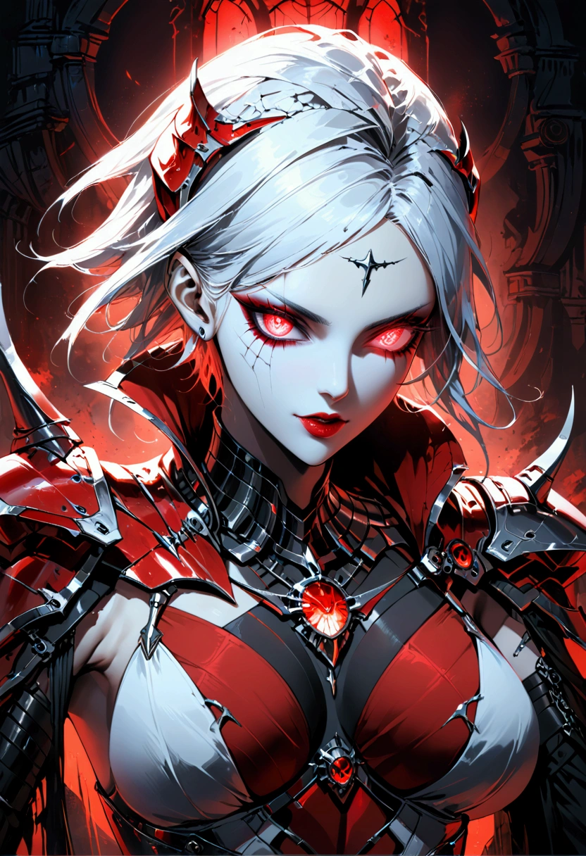 a portrait of mecha female vampire in a dark gothic cyberpunk church, an exotic exquisite beautiful mecha female vampire, dynamic hair color, short hair, dynamic eyes color, intense eyes, glowing eyes, dynamic eyes color, wearing intricate mech armor, delicate mech armor, delicate blood veins in the armor, wearing thigh high heeled boots, dark gothic cyberpunk church background, vibrant, Ultra-high resolution, High Contrast, (masterpiece:1.5), highest quality, Best aesthetics), best details, best quality, highres, 16k, (ultra detailed: 1.5), masterpiece, best quality, (extremely detailed) RAW, (ultra details, Masterpiece, best quality), Dark Art Painting Style, Dark Fantasy page, bloodpunkai