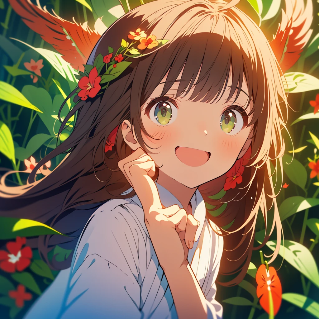 kawaii, anime, Cute, hyper quality, highly detailed, 8k, Clarity, Draw facial expressions in detail, Girl with long dark brown hair and green eyes, Anthurium at my feet, raise the index fingers of both hands, red anthurium in the background, celebration, smile, raise your index finger, point up with your index finger, whole body, moonlight, highlight on eyes, Pure white dress, 