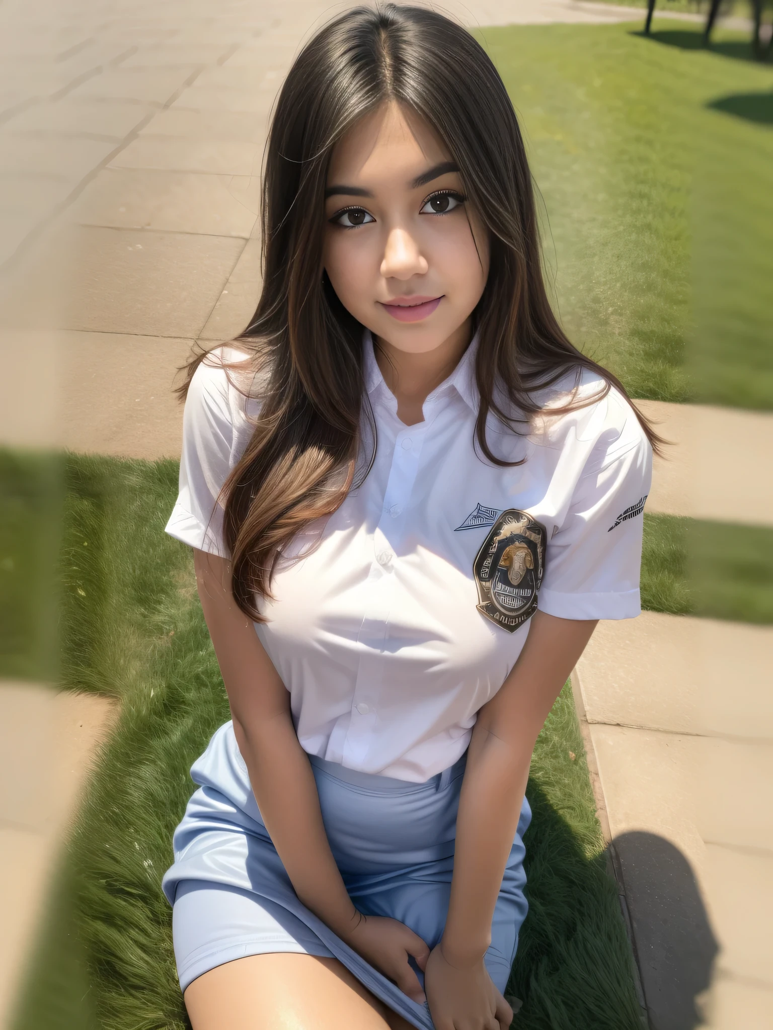 Ass pov, Overhead View, rule of thirds, 1girl, (uniform), sits with her legs pressed to her chest, outdoors, detailed Metropolitan city at the background, detailed face, detailed eyes, brunette, big breasts, smooth realistic skin, semi-curvy body, white shirt, grey blue hot miniskirt , looking at the audience, (8k, RAW photo, best quality, masterpiece: 1.2), (realistic, realistic: 1.37), ultra-high resolution