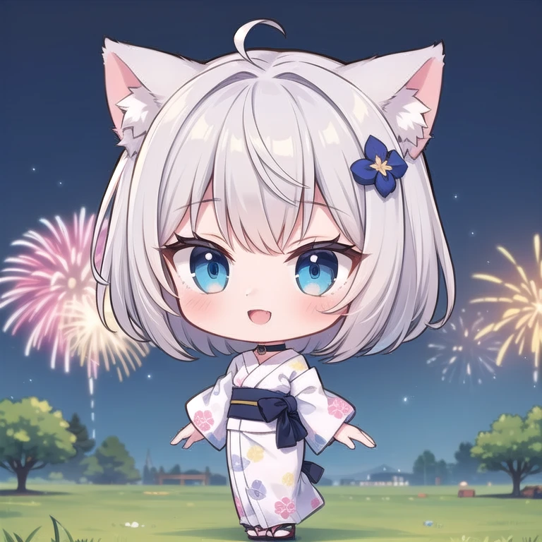 ((Fireworks display)), (One girl), cute, ((Chibi Character)), {Floral print, yukata}, (happiness:1.3), (Cat ear), (choker), ((Gray Hair)), Bobcut, hair ornaments, (Arms at your sides), Blue Eyes, night, Outdoor, Full Body Shot, ((Highest quality)), ((masterpiece)), (detailed), Perfect Face, Perfect Arms, Perfect hands, Perfect Fingers, anime, Ultra-fine illustration,