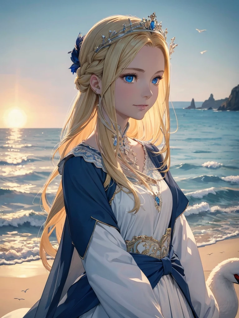 ,((Highest quality))),8k,((masterpiece)),(Very sophisticated and beautiful), A girl emerges from the sea, The Swan Princess of Russian Mythology, Beautiful calm face, blue eyes, Long blonde hair braided, Moon braid at the back of the head, With a kokoshnik crown on his head、White and shiny old Russian clothing, Loving eyes, Half-laugh, There was a gentle look on his face, Background seascape and sunlight, Seagulls in the sky, full length, realism
