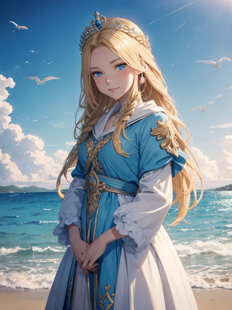 ,((Highest quality))),8k,((masterpiece)),(Very sophisticated and beautiful), A girl emerges from the sea, The Swan Princess of Russian Mythology, Beautiful calm face, blue eyes, Long blonde hair braided, Moon braid at the back of the head, With a kokoshnik crown on his head、White and shiny old Russian clothing, Loving eyes, Half-laugh, There was a gentle look on his face, Background seascape and sunlight, Seagulls in the sky, full length, realism