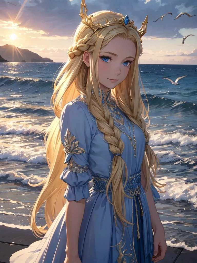 ,((Highest quality))),8k,((masterpiece)),(Very sophisticated and beautiful), A girl emerges from the sea, The Swan Princess of Russian Mythology, Beautiful calm face, blue eyes, Long blonde hair braided, Moon braid at the back of the head, With a kokoshnik crown on his head、White and shiny old Russian clothing, Loving eyes, Half-laugh, There was a gentle look on his face, Background seascape and sunlight, Seagulls in the sky, full length, realism