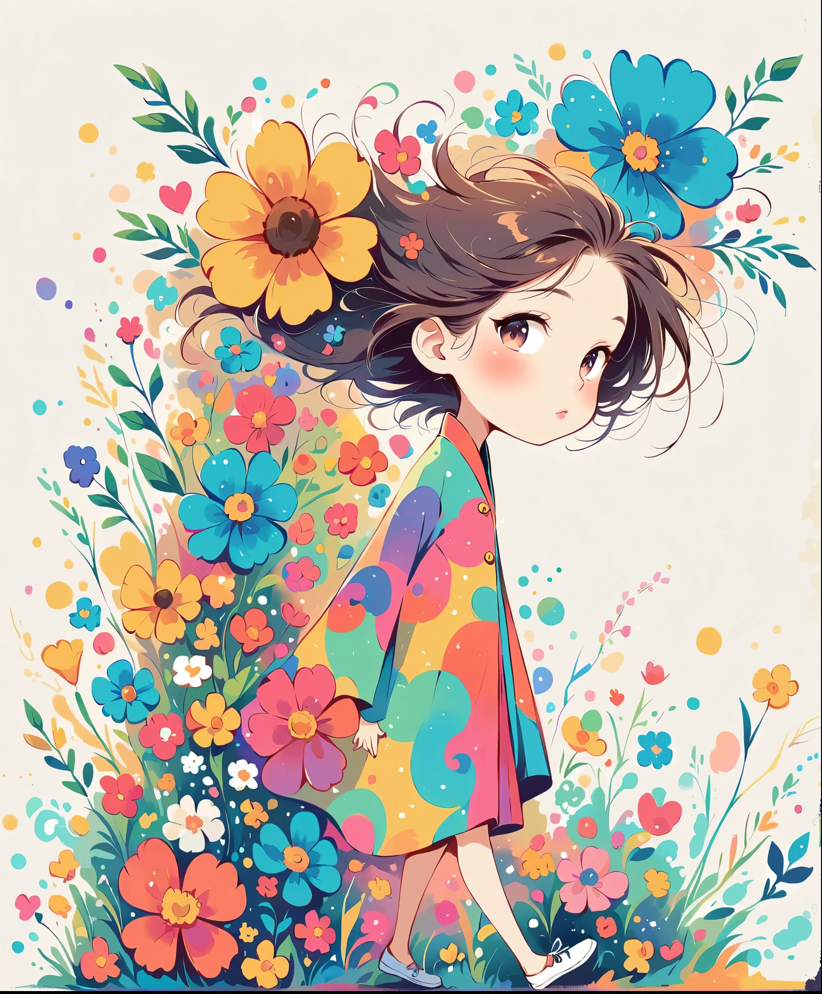 Watase Seizo style, Standing in front of a high wall,Simple Line Initialism,Abstract art,Urban Background, (((The most beautiful girl))), Lips in Love, walking, colorful flowers